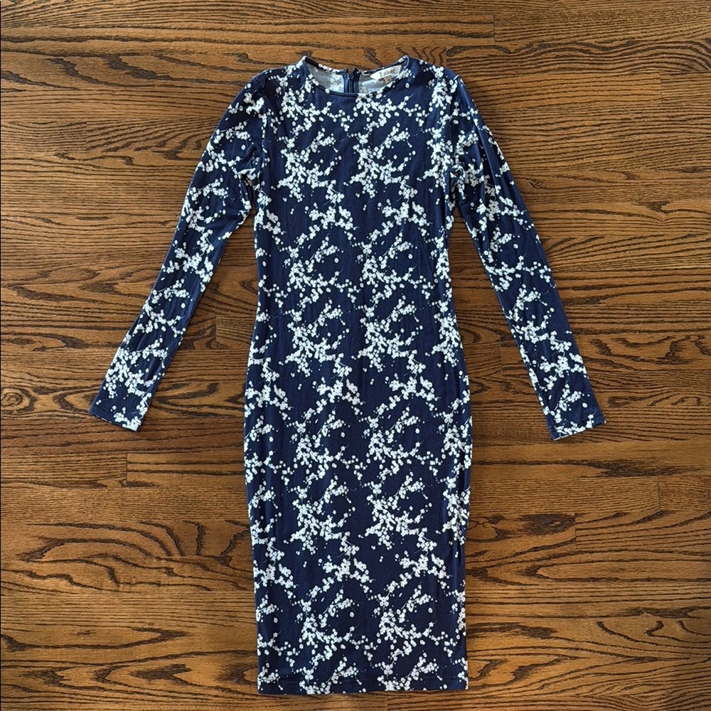 Tucker Blue White Floral Print Long Sleeve Tee Shirt Midi Dress S